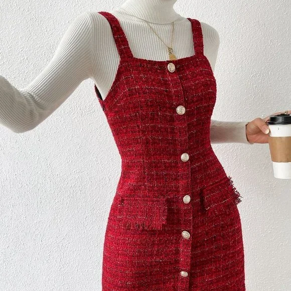 Red Preppy Womens Button Front Raw Hem Tweed Overall Dress - Picture 5 of 5